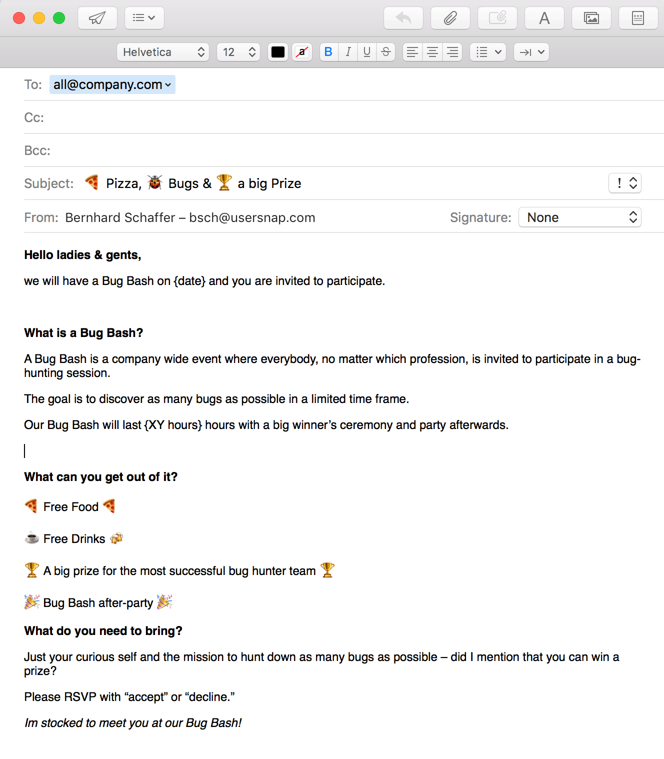 bug bash email template
