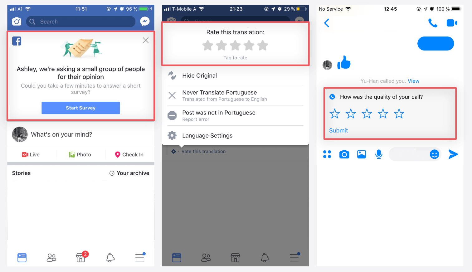 Customer feedback examples on Facebook: user research surveys and satisfaction ratings