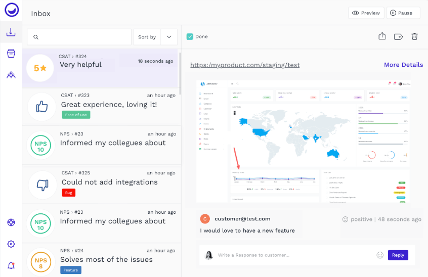 Usersnap Inbox - split view and reply to customers in SaaS product management