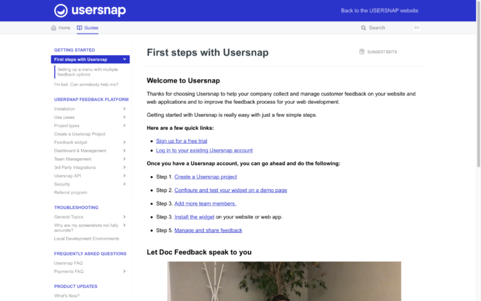 Usersnap start page for customer support