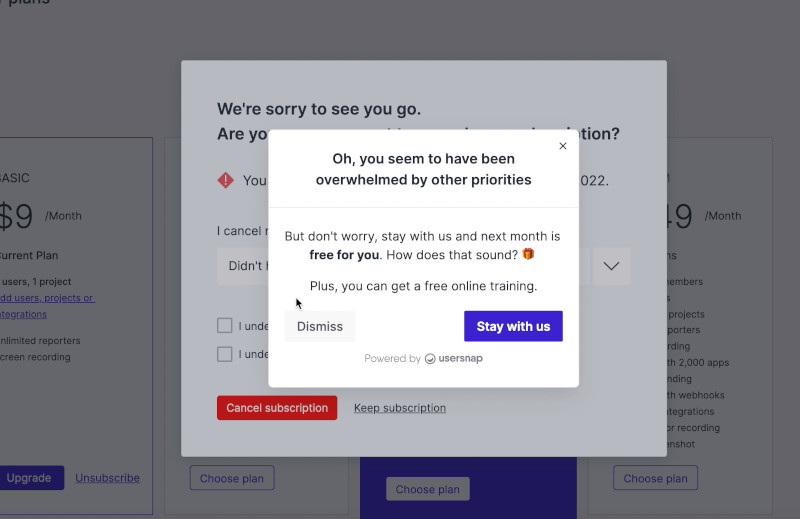 Churn pop-up example: when the user unsubscribes, a pop-up asks for a reason why and then offers an incentive.
