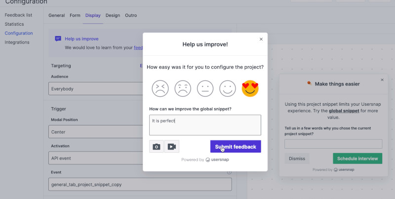 A pop-up example appears when a user is configuring display. Pop-up asks how easy it was to configure and gives an emoji selection.
