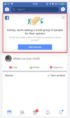 Facebook message at top of feed stating: 'Ashley, we're asking a small group of people for their opinion.'
