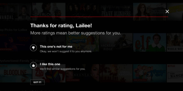 Text reads: Thanks for rating, Lailee! More ratings mean better suggestions for you.