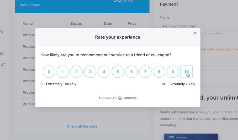 Pop-up example for collecting NPS score. When a user is scrolling, a pop-up asks them how likely they are to recommend the product using a scale from 1 to 10.