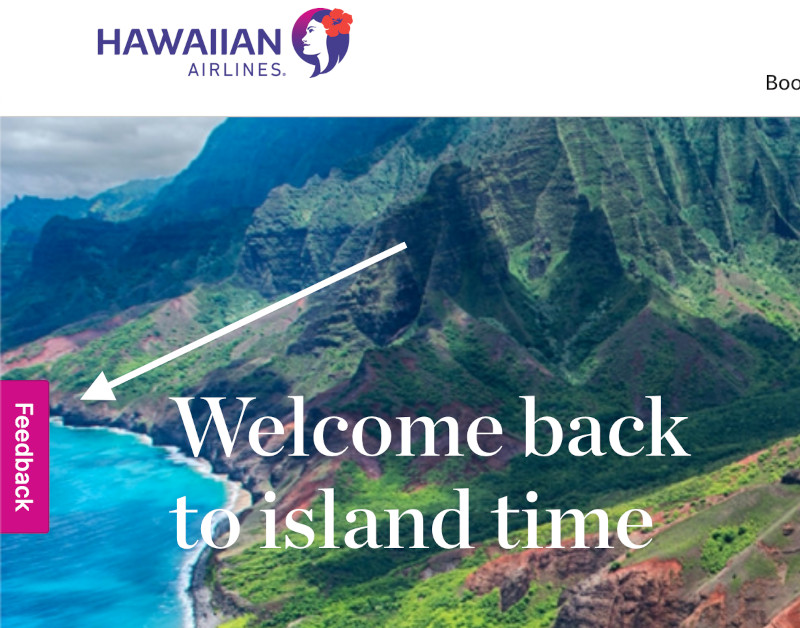 Hawaiian Airlines home page. Feedback button appears on left hand side of the screen in bold pink.