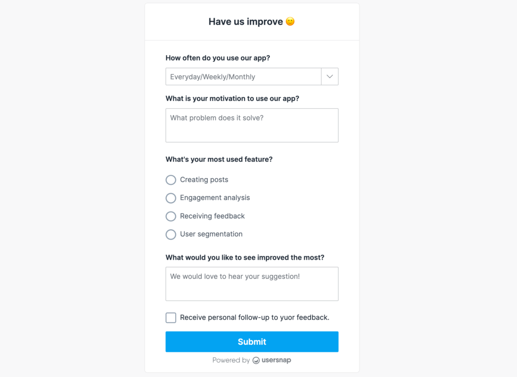 Usersnap form with multiple product survey questions