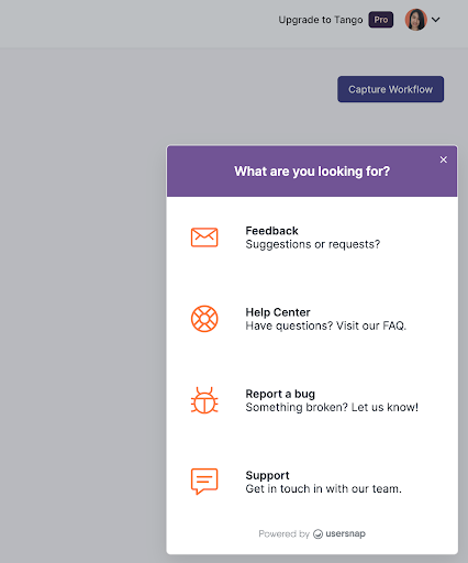 Usersnap feedback menu - Tango early adopters success story