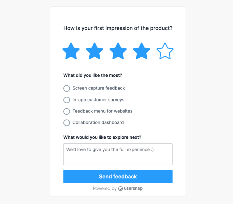 Example of in-app feedback question with CSAT and multiple-choice survey question