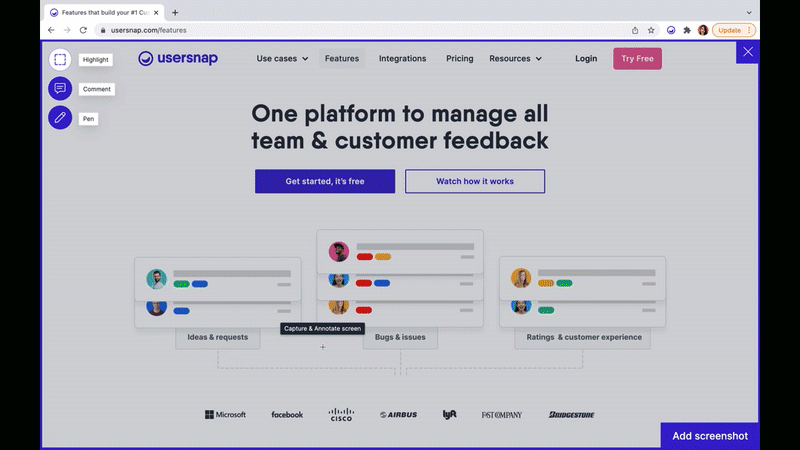 Visual feedback widget for collecting product feedback