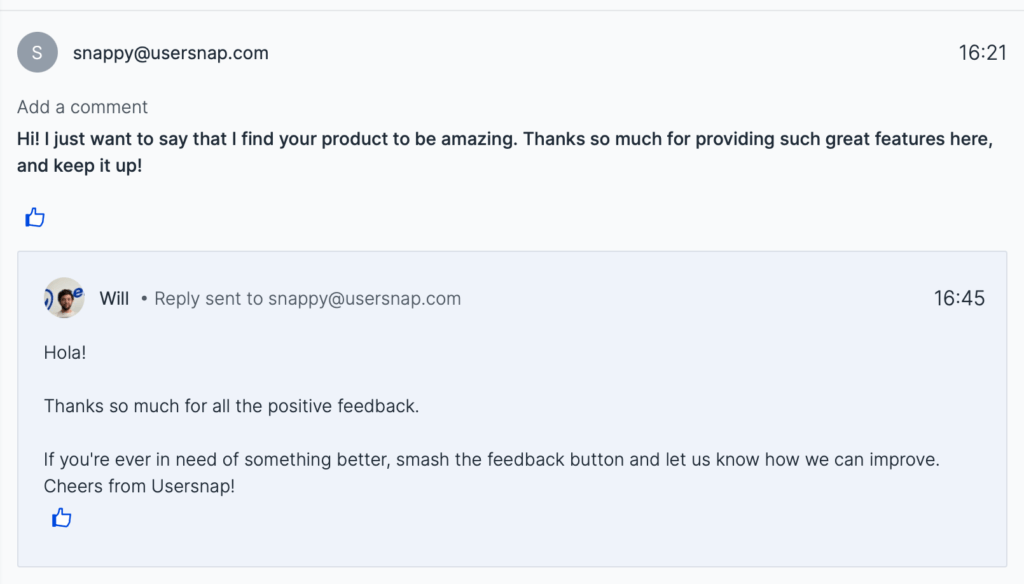 Positive review response example sent directly in Usersnap