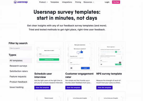 Usersnap survey templates website offering